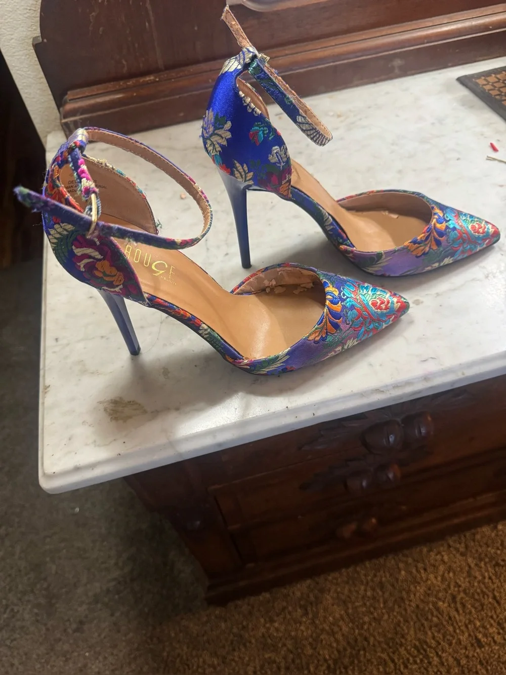Women’s Blue Floral Ankle-Strap Pointed-Toe Heels